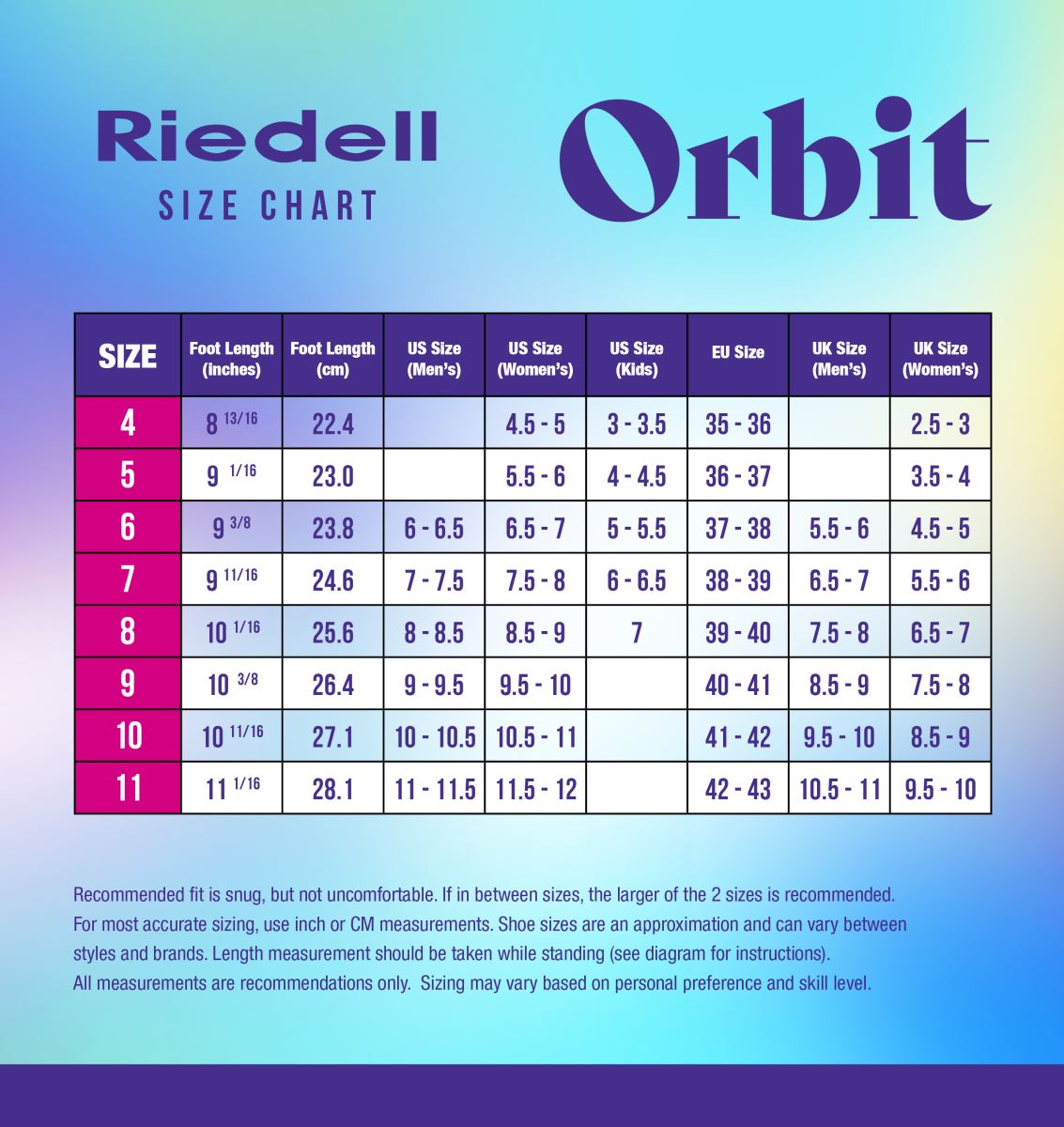Riedell Orbit roller skate sizing chart