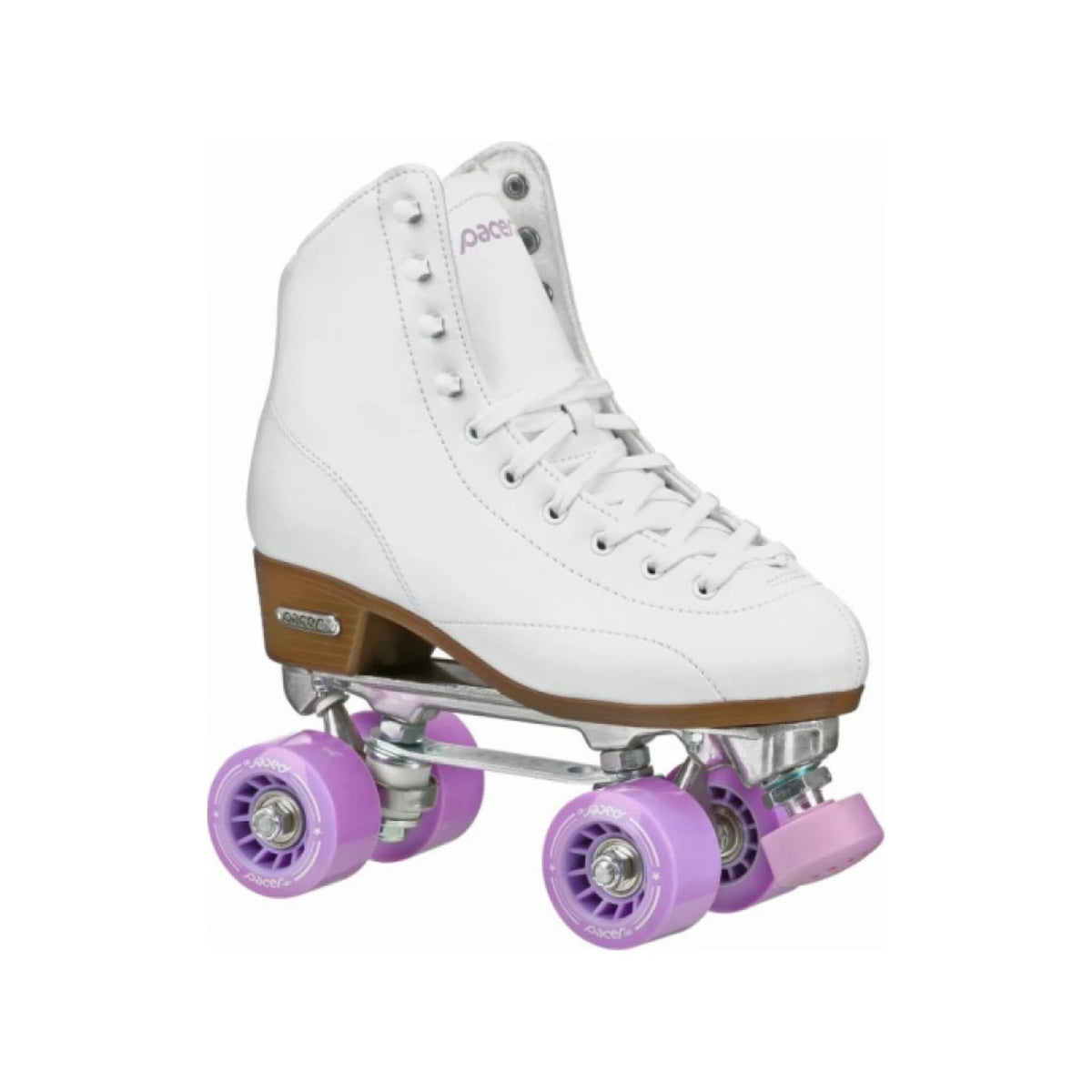 Pacer Stratos white roller skates with purple wheels